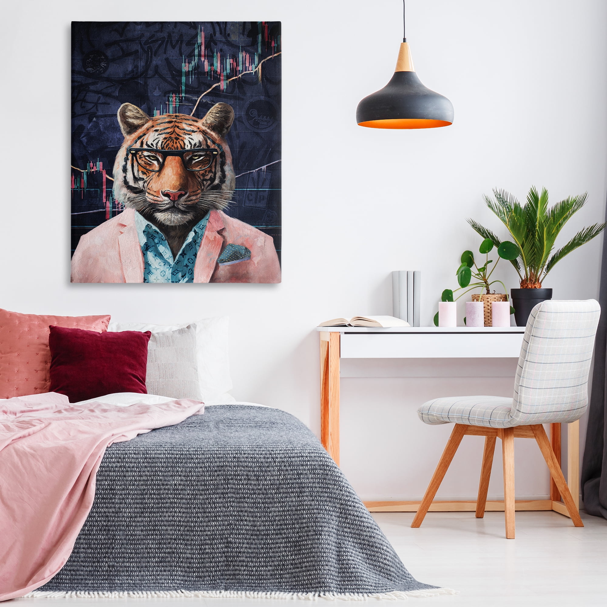 Stupell Industries Trendy Tiger on Abstract Animals Painting Wrapped Canvas Art Print Wall Art, 36 x 48