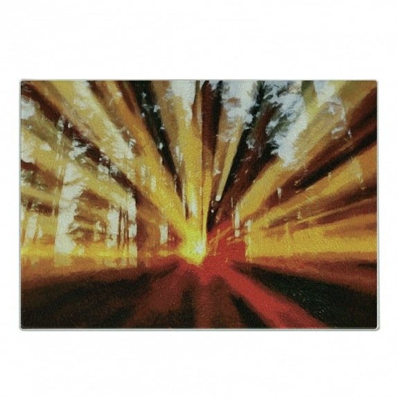 Country Cutting Board, Photo of Sunbeams Trees at Sunset in the Forest Nature Scenery Print, Decorative Tempered Glass Cutting and Serving Board, Small Size, Yellow Orange, by Ambesonne