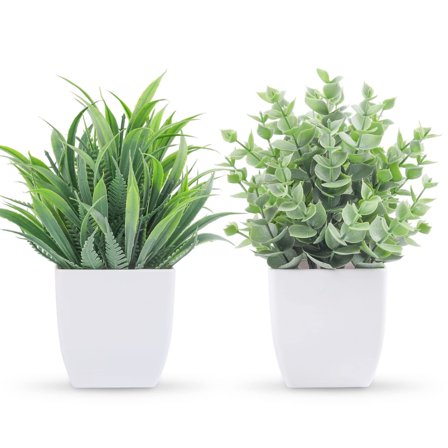 2 Pack Small Faux Plants, Mini Artificial Potted Greenery for Table Desk Decor, Office Home Bathroom Shelf, Grey