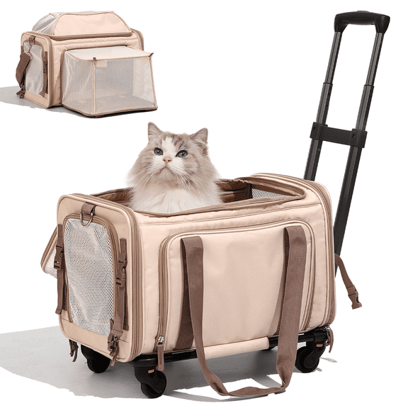FUKUMARU Cat Carrier with Wheels, 46x28x28cm Expandable Soft Cat Travel Carrier, Airline Approved Dog Carrier, Sturdy Rolling Cat Carrier with Anti-Scratch Mesh,