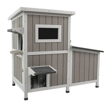 PETSCOSSET Outdoor Cat House, Two Story Wooden Feral Cat Shelter with Extra Room