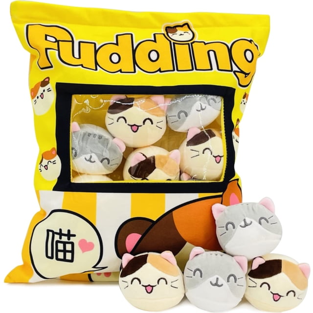Linda almohada de felpa, muñecas de gatitos de animales esponjosos extraíbles, almohada de peluche de animales suaves, regalos de peluche de algodón (amarillo)