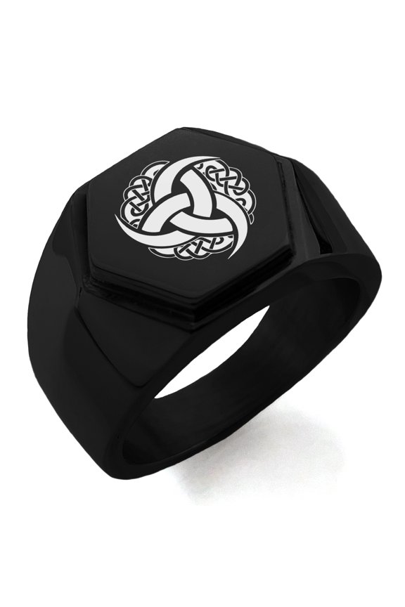 Stainless Steel Triskelion Odin's Horn Knot Viking Engraved Hexagon Crest Flat Top Biker Style Polished Ring