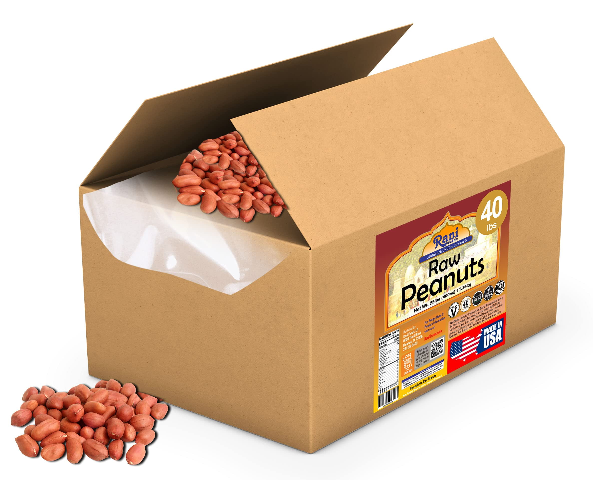 Rani Peanuts, Raw Whole With Skin (uncooked, unsalted) 40lbs (640oz) 18.14kg Bulk Box ~ All Natural | Vegan | Gluten Friendly  ~ Spanish Grade Groundnut / Red-skin
