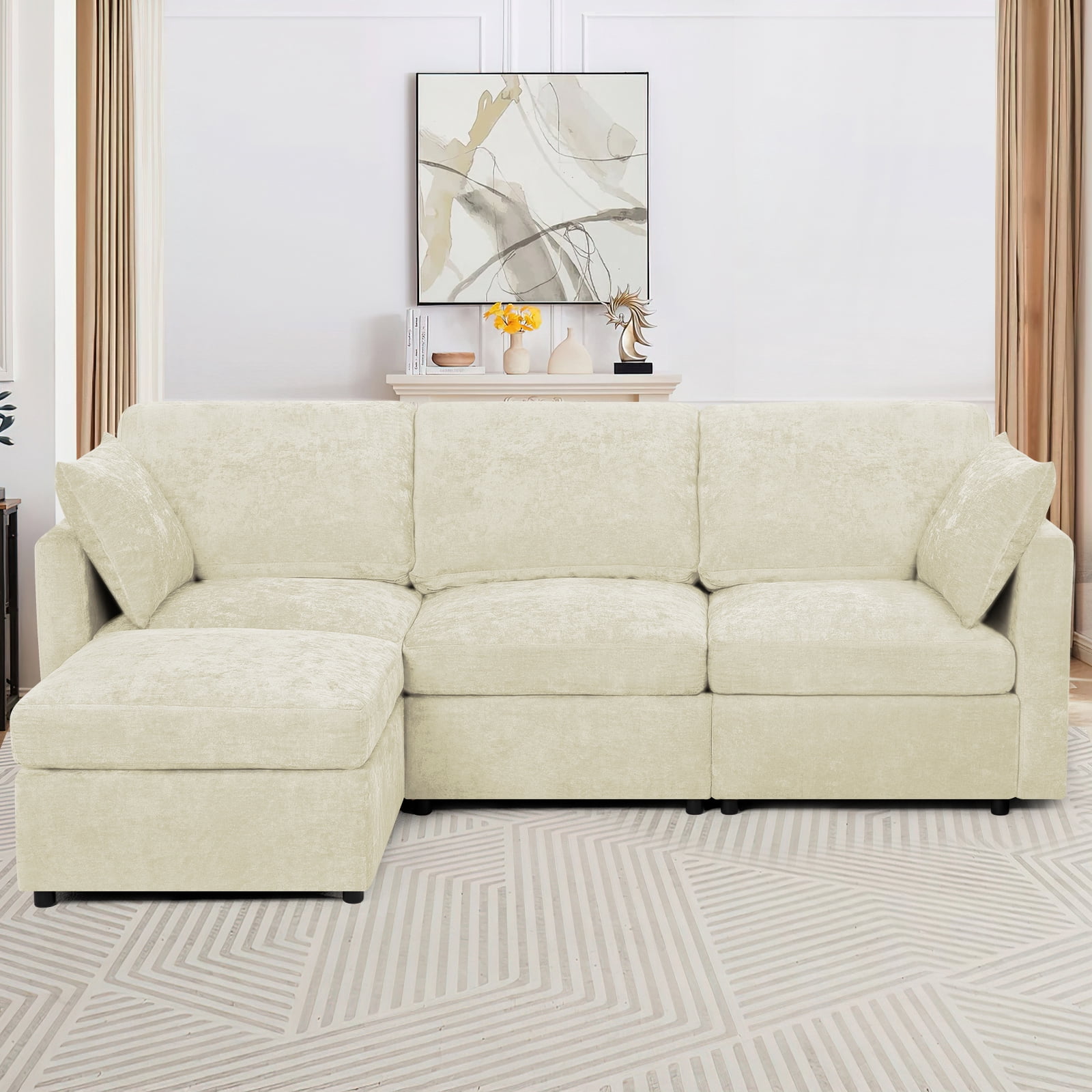 ACMEASE 84” Chenille 3 Seats Sofa W/Movable Ottoman, Modern Fabric L-Shaped Couch with Soft Backrest, Upholstered Sectional Sofa with Armrest Pillows for Living Room, Office, Beige