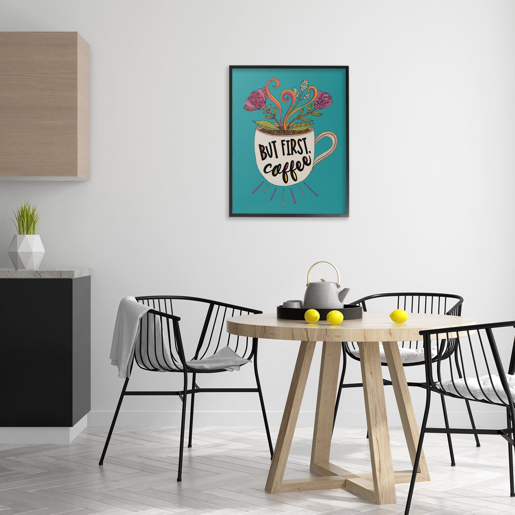 Stupell Industries First Coffee with Florals Botanical & Floral Painting Black Framed Art Print Wall Art, 24 x 30
