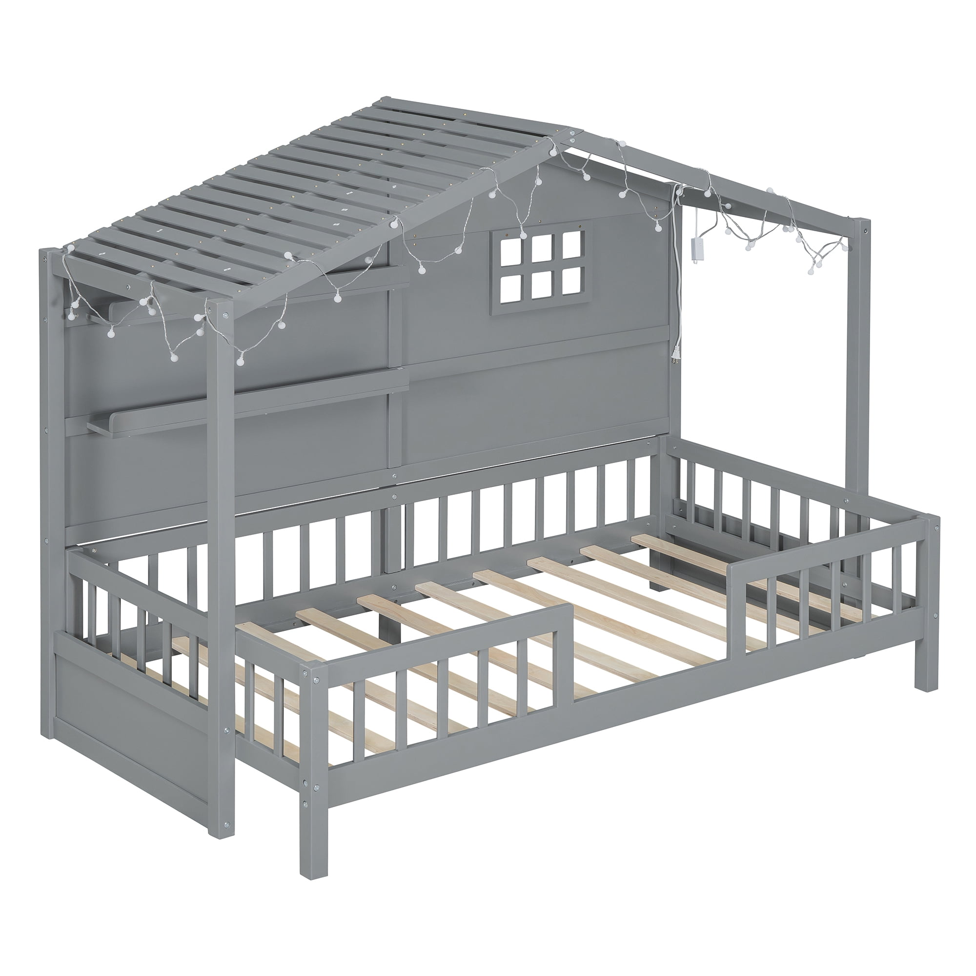 Mintazer Twin House Bed with LED String Lights & Storage Shelves, Toddler Montessori Bed Frame with Guardrails for Kids, Gray