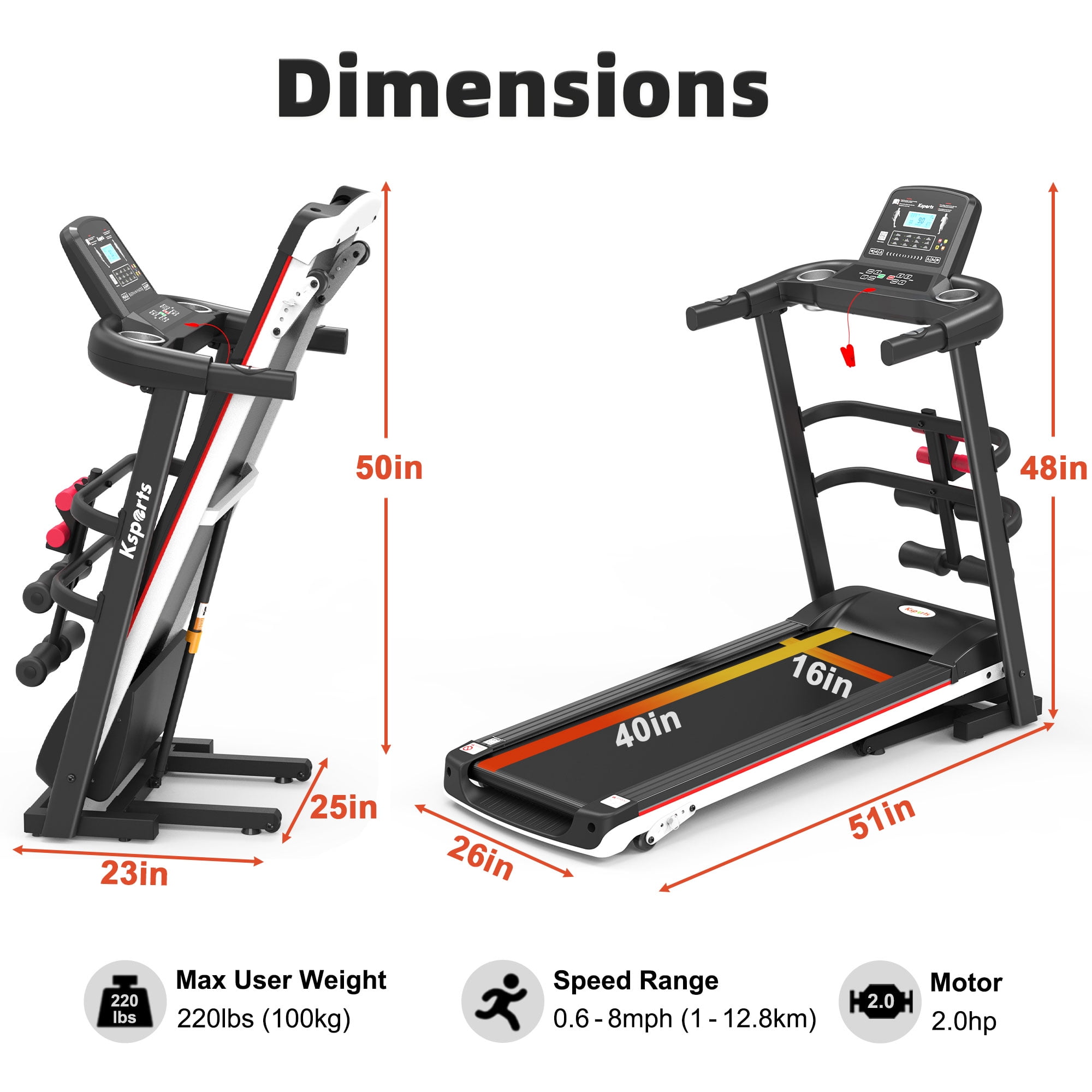 Ksports Electric Treadmill Bundle with Rack, Mat, and Dumb Bells, Black