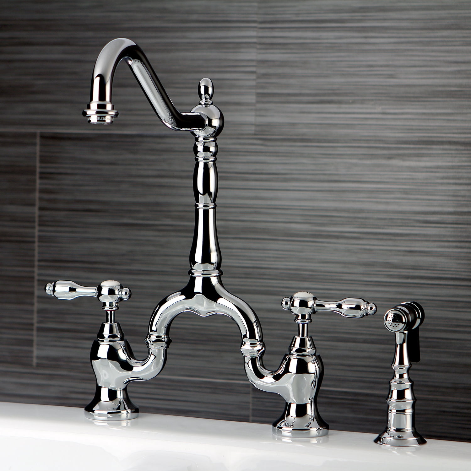 Kingston Brass KS7751TALBS Bridge Kitchen Faucet with Brass Sprayer, Polished Chrome