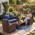 thumbnail image 7 of POTEBAN Patio Wicker Furniture Set, 4-Piece Wicker Outdoor Conversation Set with Coffee Table, Brown Rattan Sofa Set for Balcon, Backyard, Navy Blue, 7 of 7