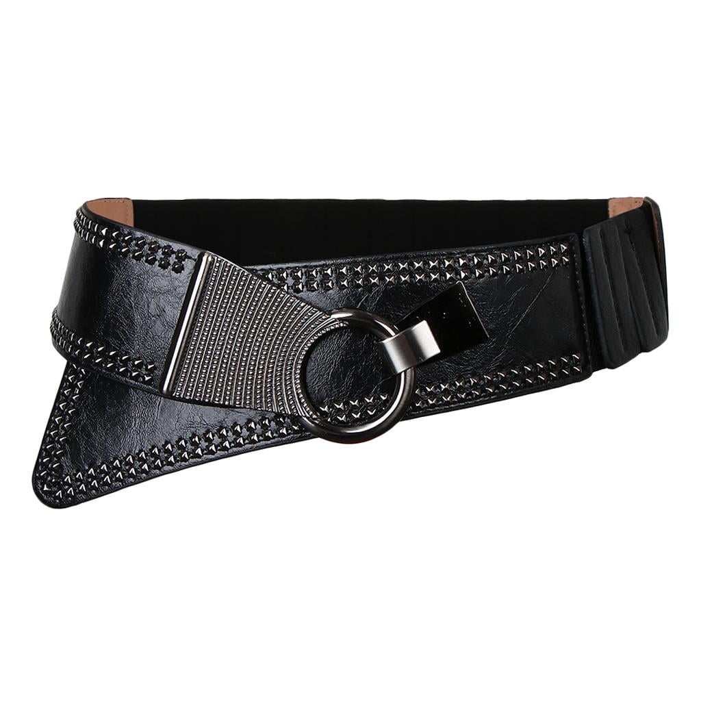 新品☆Round Buckle Leather Wide Belt Wide Leather Belt Round Buckle in Black - 2 Inch Belt