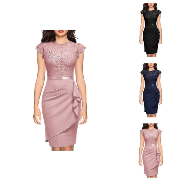 Prom Dress Holiday Dresses for Women Elegant Floral Lace Ruffle Design Cap Sleeve Party Dress