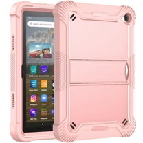 Dteck Case for Kindle Fire HD8/HD8 Plus (12th Generation 2022) 8 inch,Heavy Duty 3-Layer Rugged Silicone Plastic Case Shockproof Kickstand Cover,Rosegold