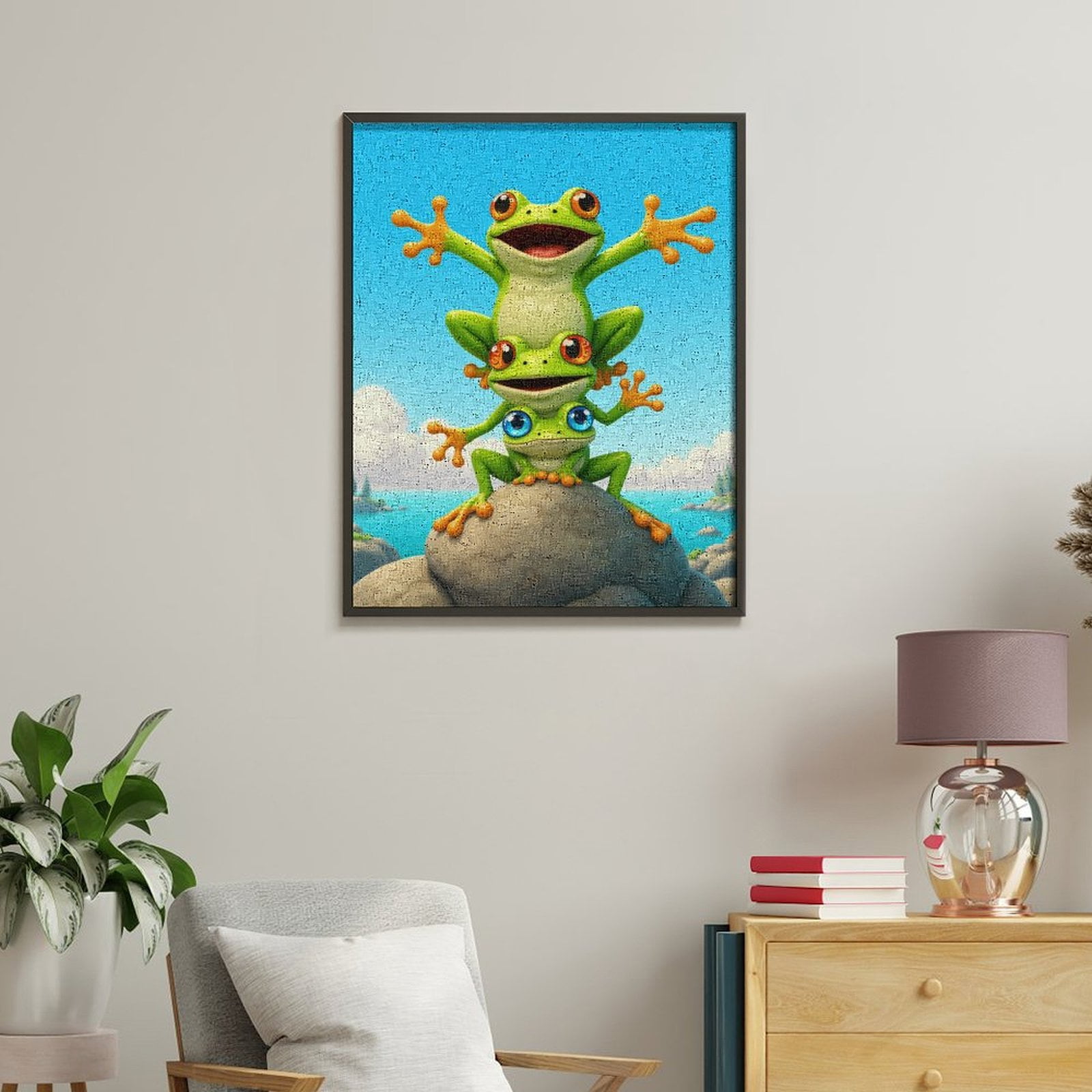 Paint by Numbers Kit for Adults, Playful Frogs Trio On Rock Paint by Numbers, Easy Paint by Numbers Kit for Adults Beginner, DIY Adult Paint by Number Kits on Canvas, 12x16in Home Decor