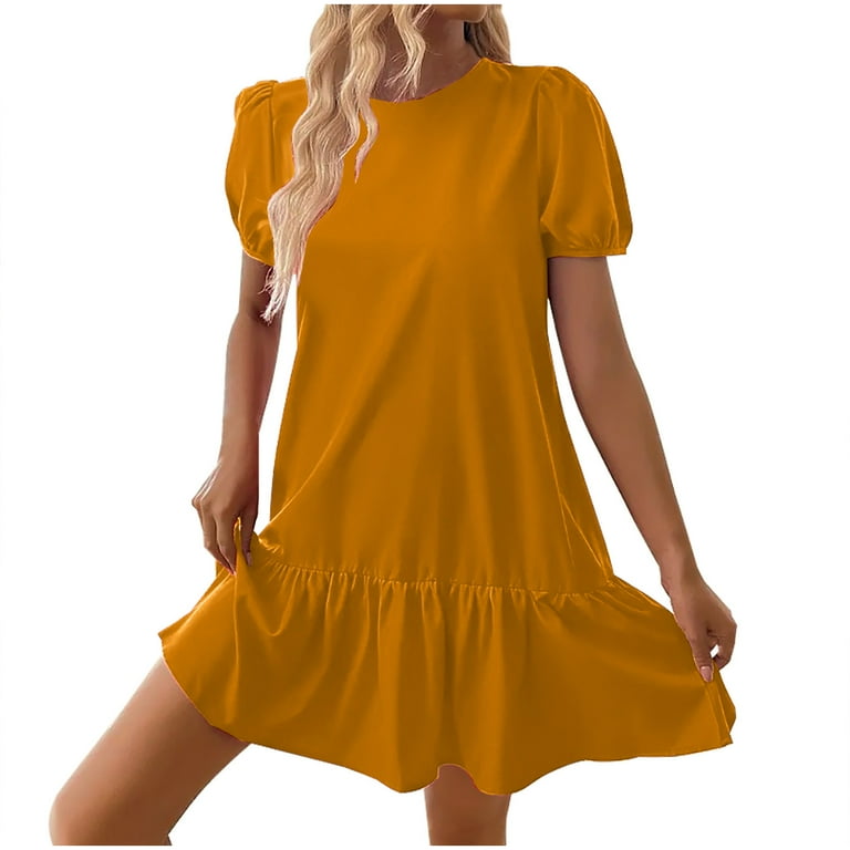 Mingw Womens Beach wear DressBabydoll Chiffon Puff Short Sleeve Crew Neck  Shirt Dress Casual Ruffle Hem Solid Color Loose Mini Dresses L