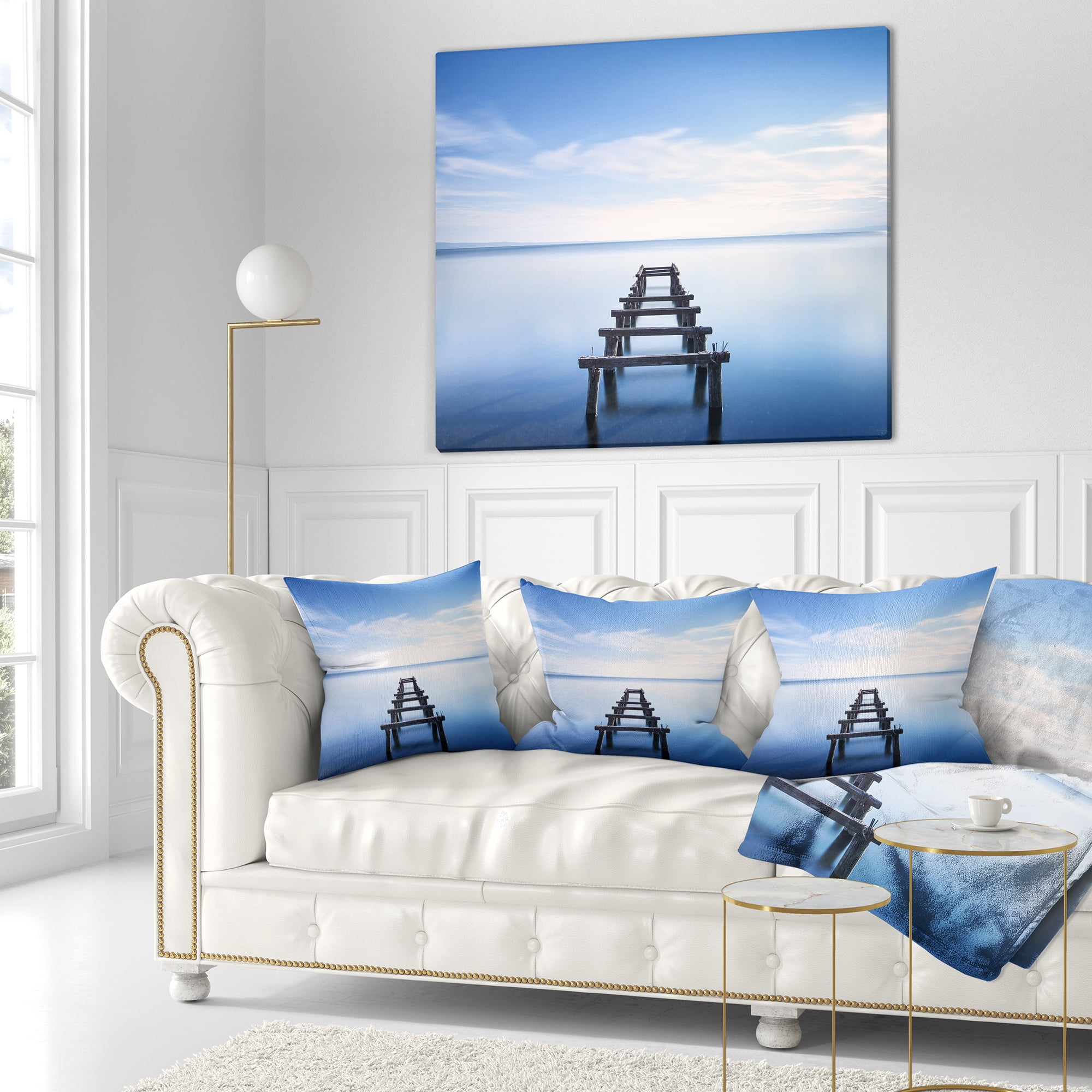 Designart Jetty Remains in Blue Lake - Seascape Throw Pillow - 16x16