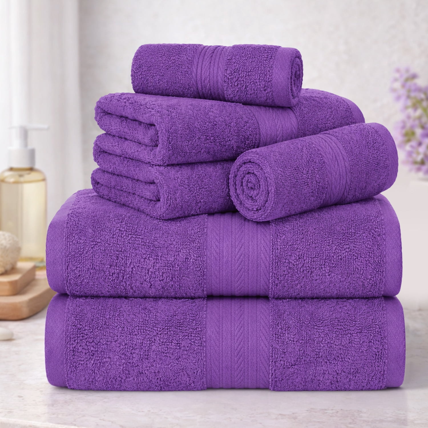 Ample Decor Bathroom Towel Set of 6 600 GSM - 2 Hand Towel,2 Bath Towel,2 Wash Cloths - Purple