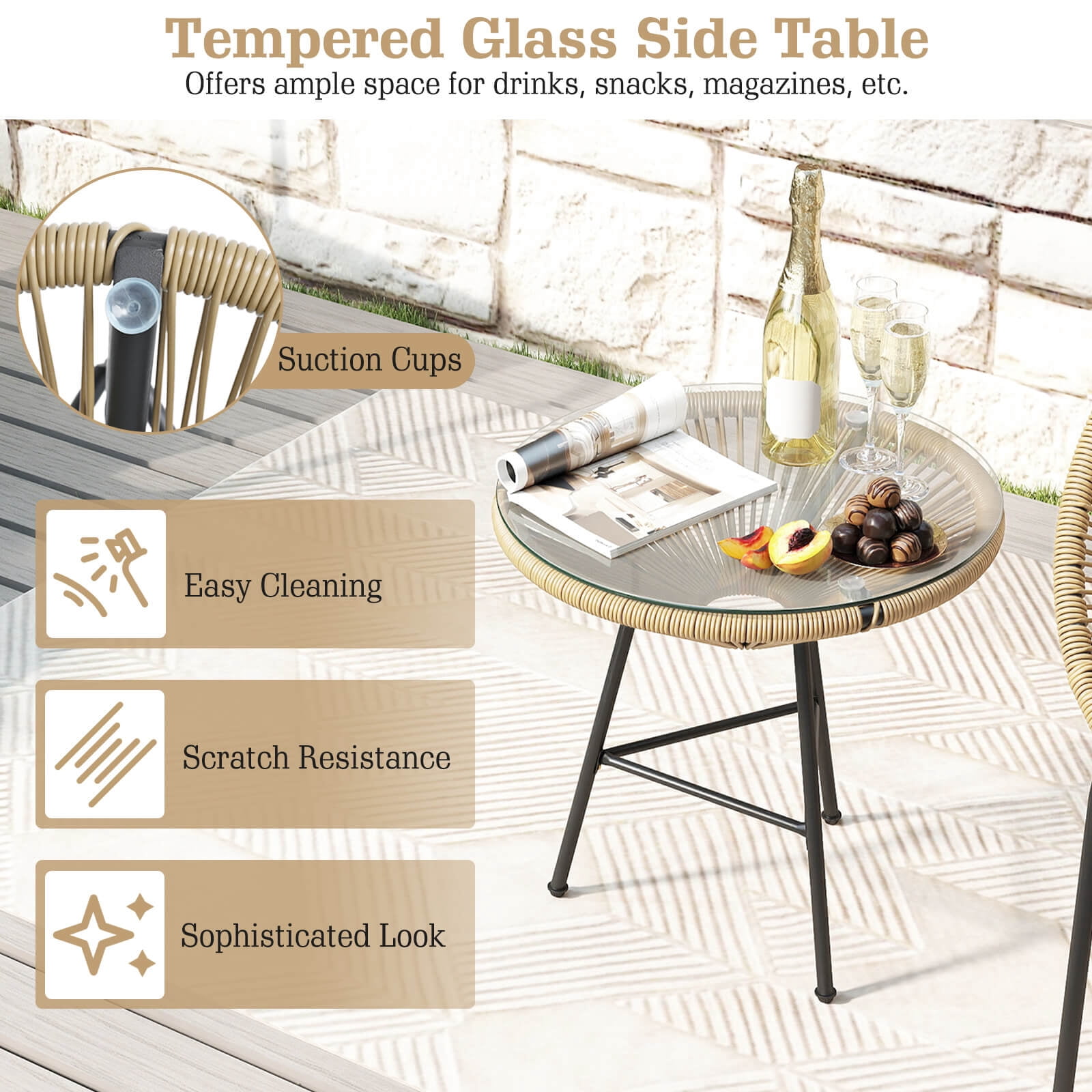 Costway 3-Piece Wicker Patio Bistro Set,Outdoor Acapulco Chairs and Tempered Glass Table Beige + Black