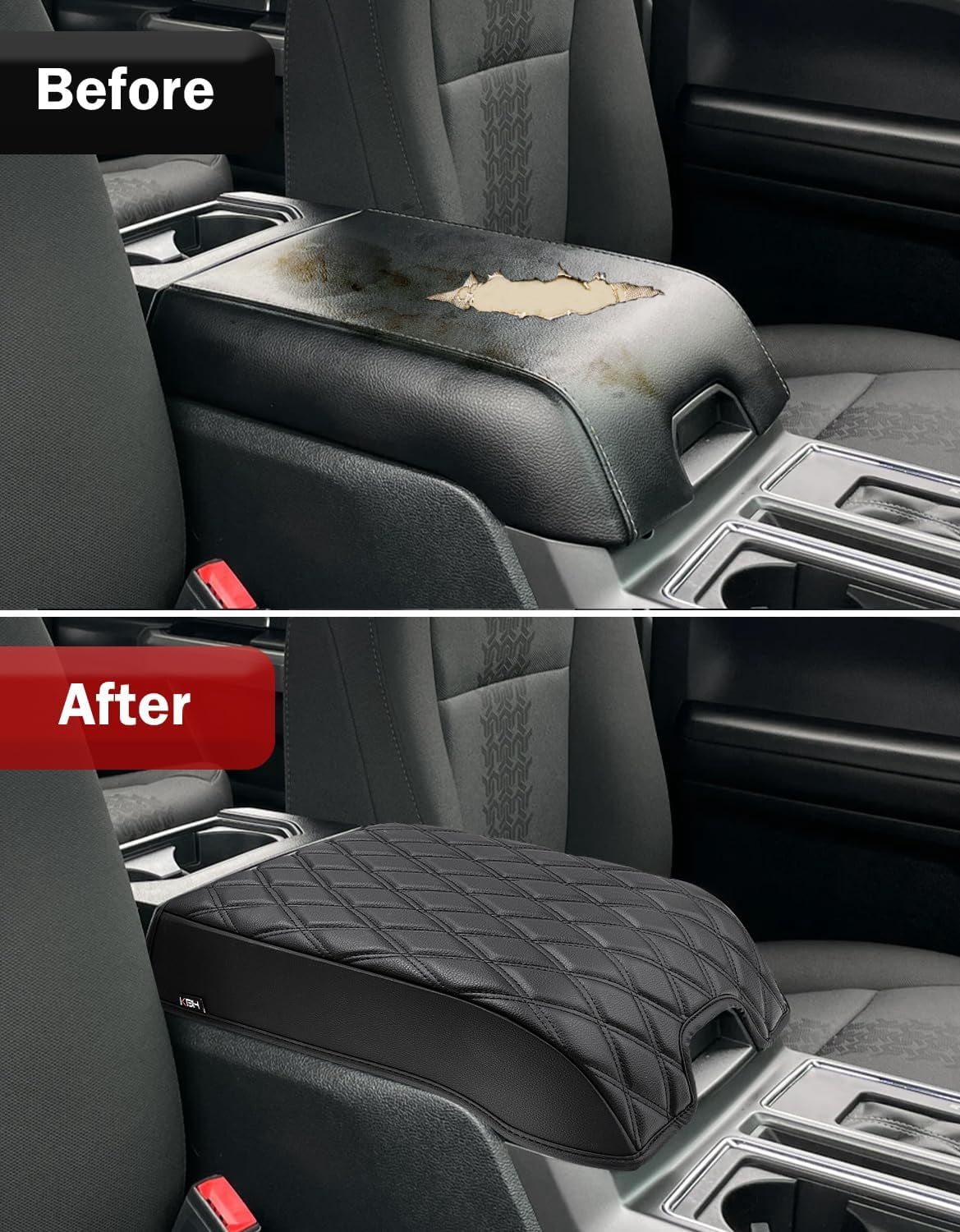 KBH Center Console Cover for 2015-2020 Ford F150, 2017-2022 F250 F350 F450 F550, 2018-2024 Expedition Accessories, PU Leather Armrest Cover Protector (Bucket Seat Only)