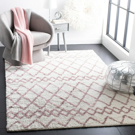 SAFAVIEH Berber Feride Geometric Shag Area Rug, Ivory/Light Rose, 5'1" x 7'6"