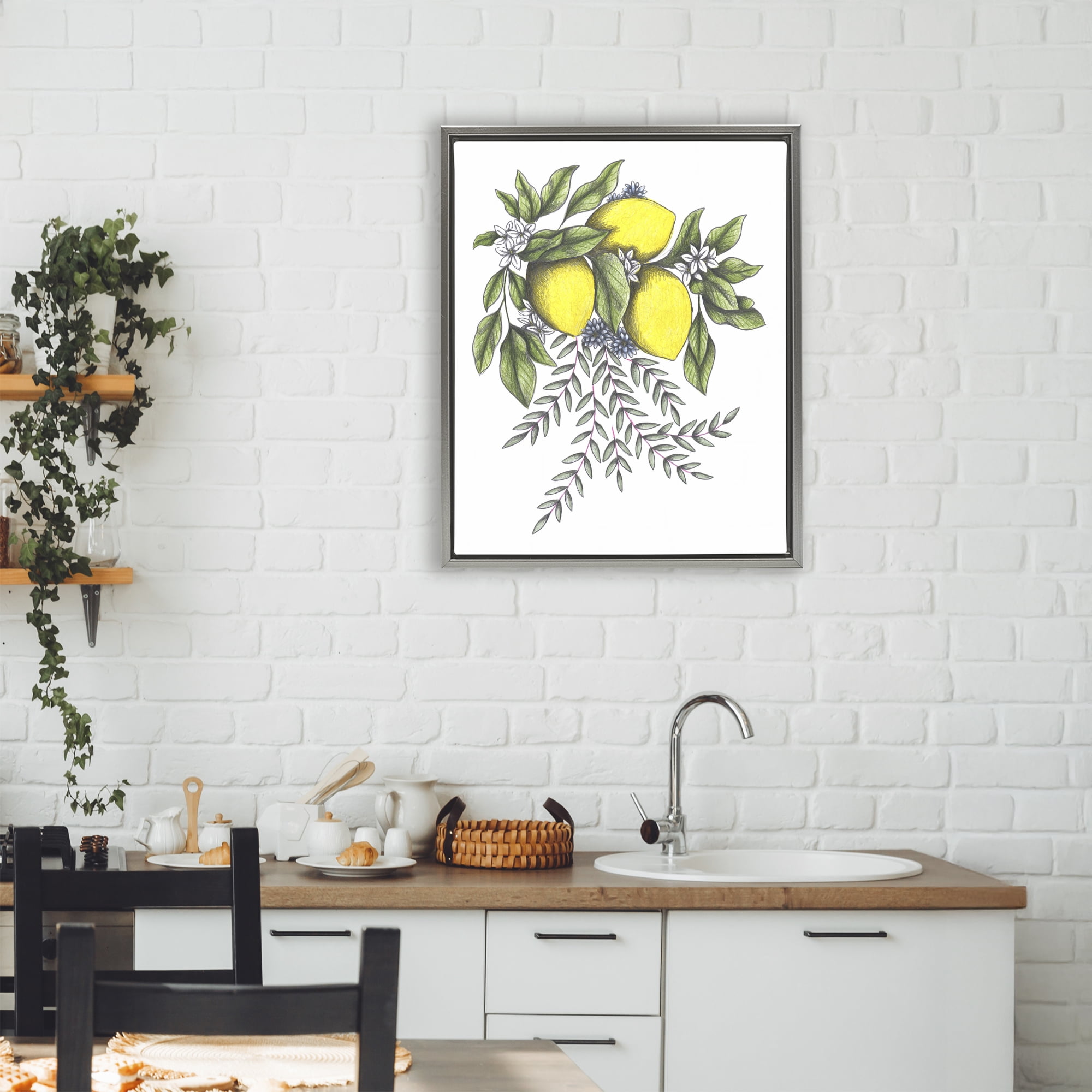 Lemons & Flowers Vintage Sketch Gray Framed Floater Canvas Wall Art, design by Cecilia Battaini