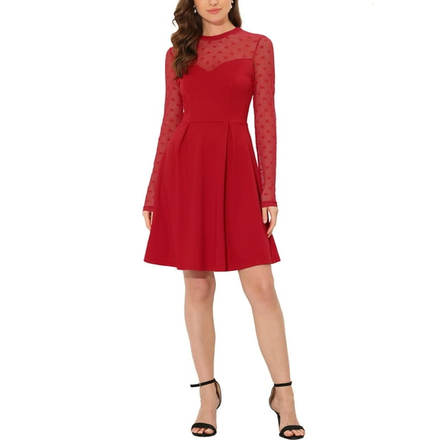 INSPIRE CHIC Robe Patineuse de Fête pour Femme en Maille Transparente à Manches Transparentes avec Cœurs L Rouge