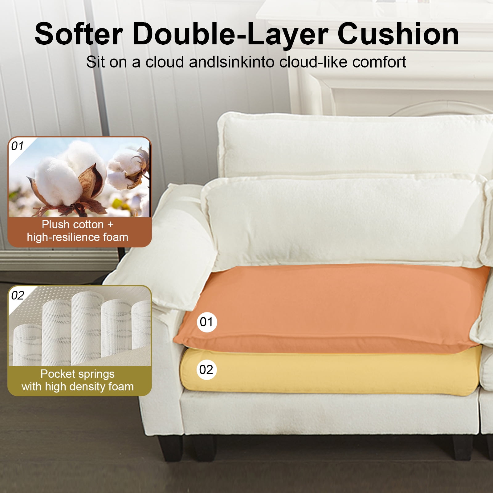 EPOWP 113'' Modular Sectional Sofa,U Shaped Couch with Movable Ottoman, Convertible Sectional Couches with Deep Seat, 3 Seat for Living Room Comfy Cloud Sofa with USB Side Pockets & Charging(Beige)
