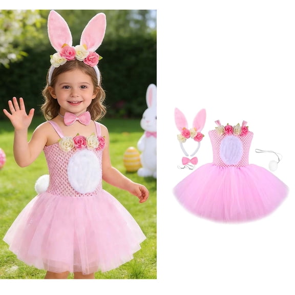 Easter Outfit for Girls Short Sleeve Tutu Tulle Dresses and Headband Set Dress up Performance Clothes Girl Clothes 5-6 Years