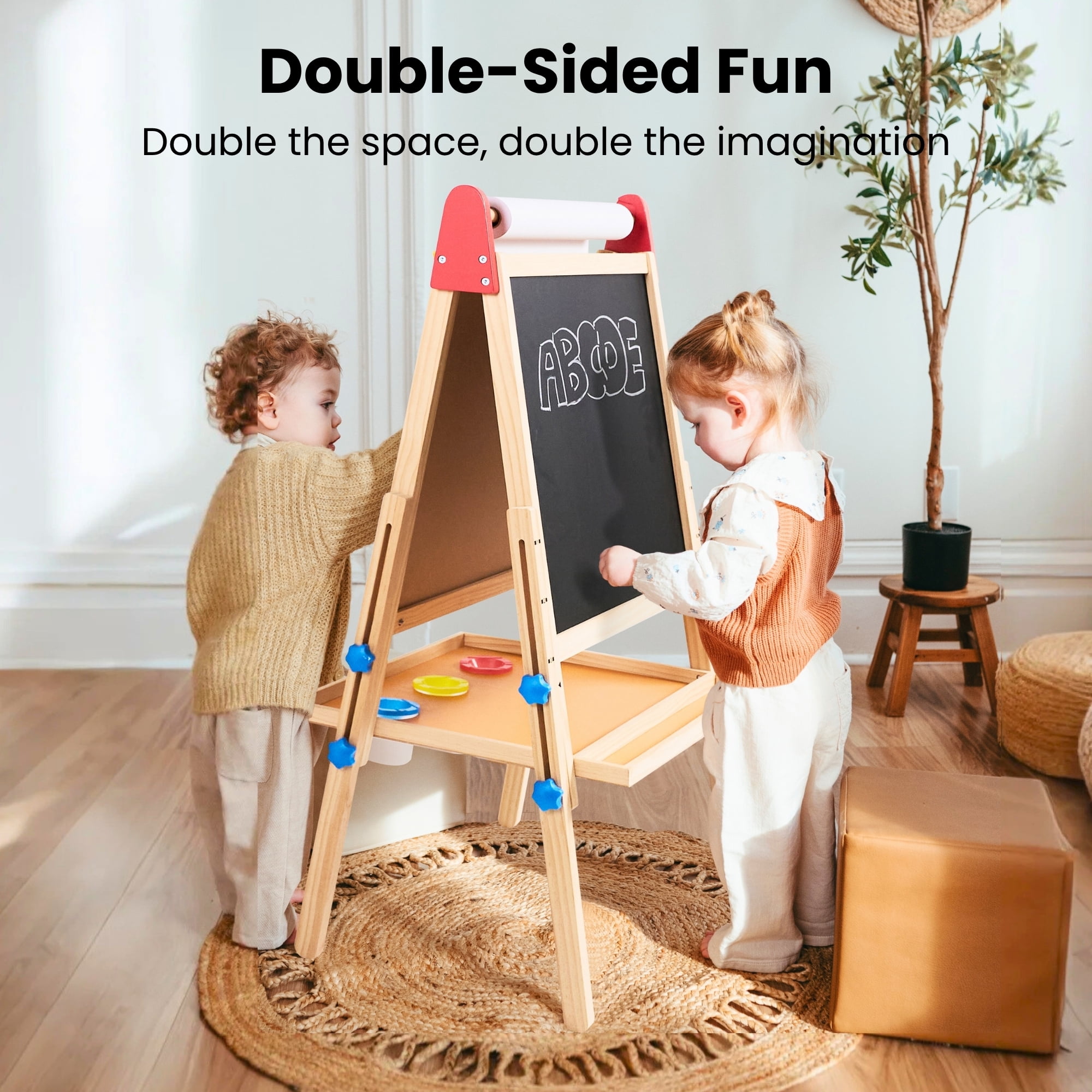 Tiny Land Kids Art Easel with Paper Rolls, Chalkboard & Magnetic Whiteboard for Ages 3-8