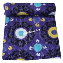 Indian Handmade Floral Kantha Quilt, Purple Floral Pattern, Cotton Throw Blanket Size (Twin Size - 60" x 90")