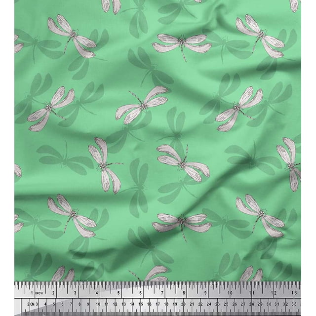 Soimoi Tissu Vert Poly Georgette Ombre & Libellule Insecte Imprimé Tissu au Mètre 42 Pouces de Large