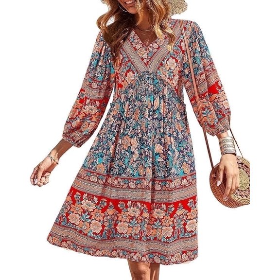 FreshPretty Women Casual Spring Summer Dresses V Neck 3/4 Long Sleeve Ruffle Floral Flowy Boho Babydoll Mini Short Beach Dress