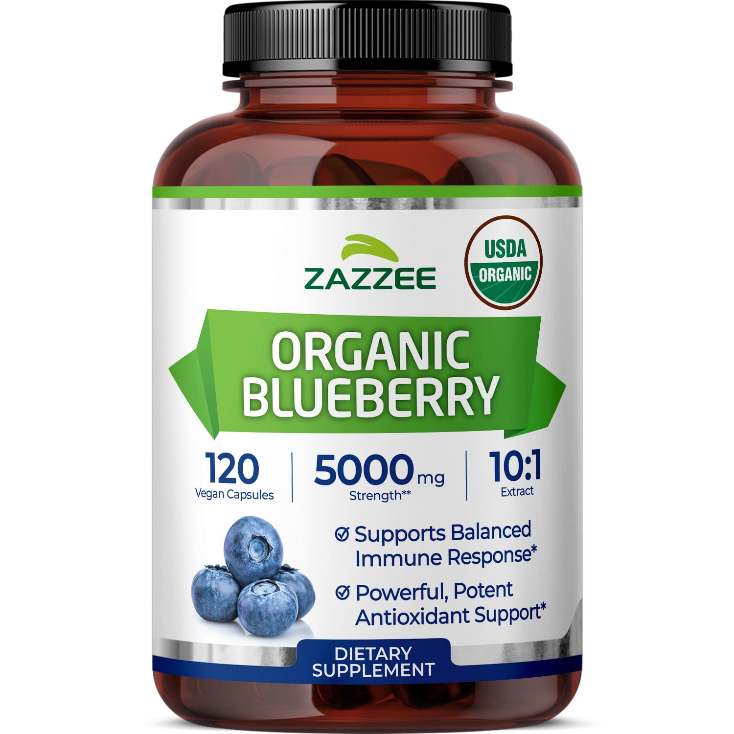 Zazzee USDA Organic Blueberry 10:1 Extract – 5000 mg – 120 Vegan Capsules – 4-Month Supply – Whole-Fruit Antioxidant Support – Vegan • Non-GMO • Made in USA