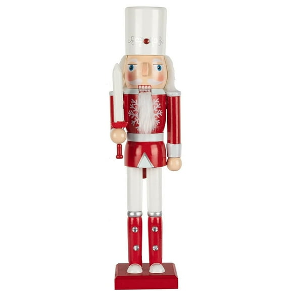 15" Red And White Nutcracker Decoration with White Sword – Hand painted wood Decoration Classic Style with Modern Design for Collectors or Gifting