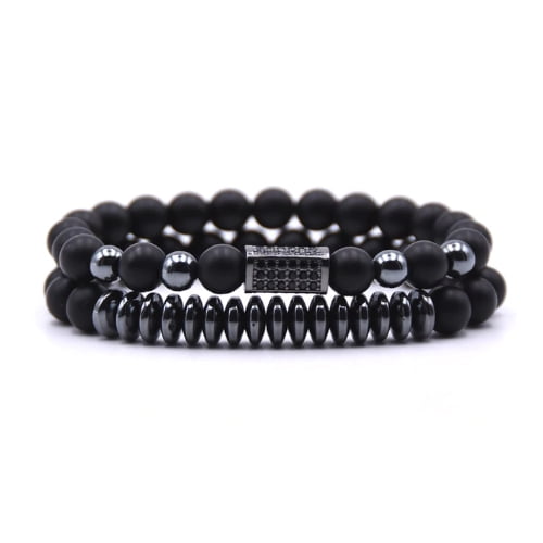 2 Pcs/Set Mirco Pave CZ Rectangle Charm Stretch Bracelet Black on Black With Matte Finish Beads