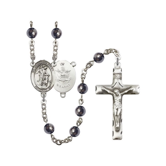 Guardian Angel / Army Silver-Plated Rosary 6mm Hematite Beads Crucifix Size 1 3/4 x 1 medal charm