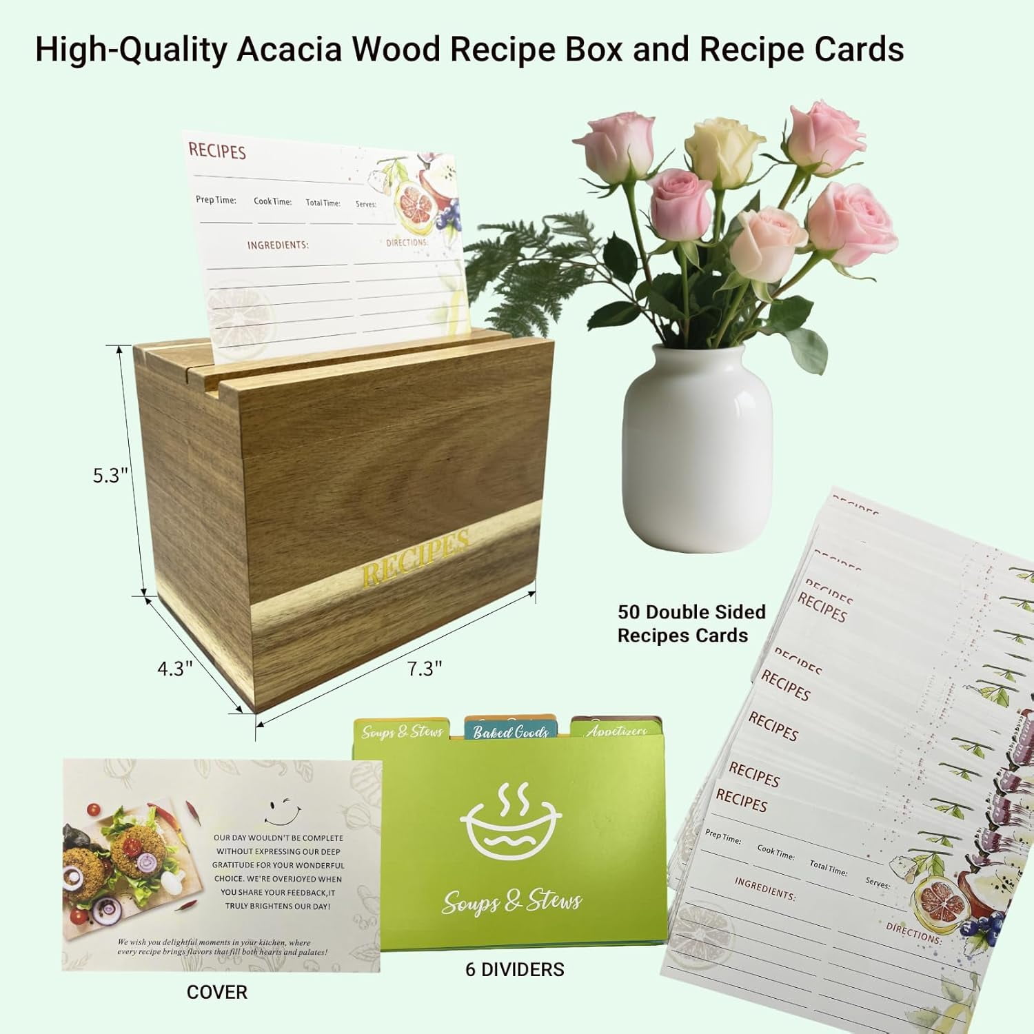 Acacia Wood Recipe Box Set - 50 4x6 Recipe Cards, 6 Dividers | Rustic Kitchen Organizer with Lid for Cooking Lovers, Perfect Housewarming/Wedding Gift