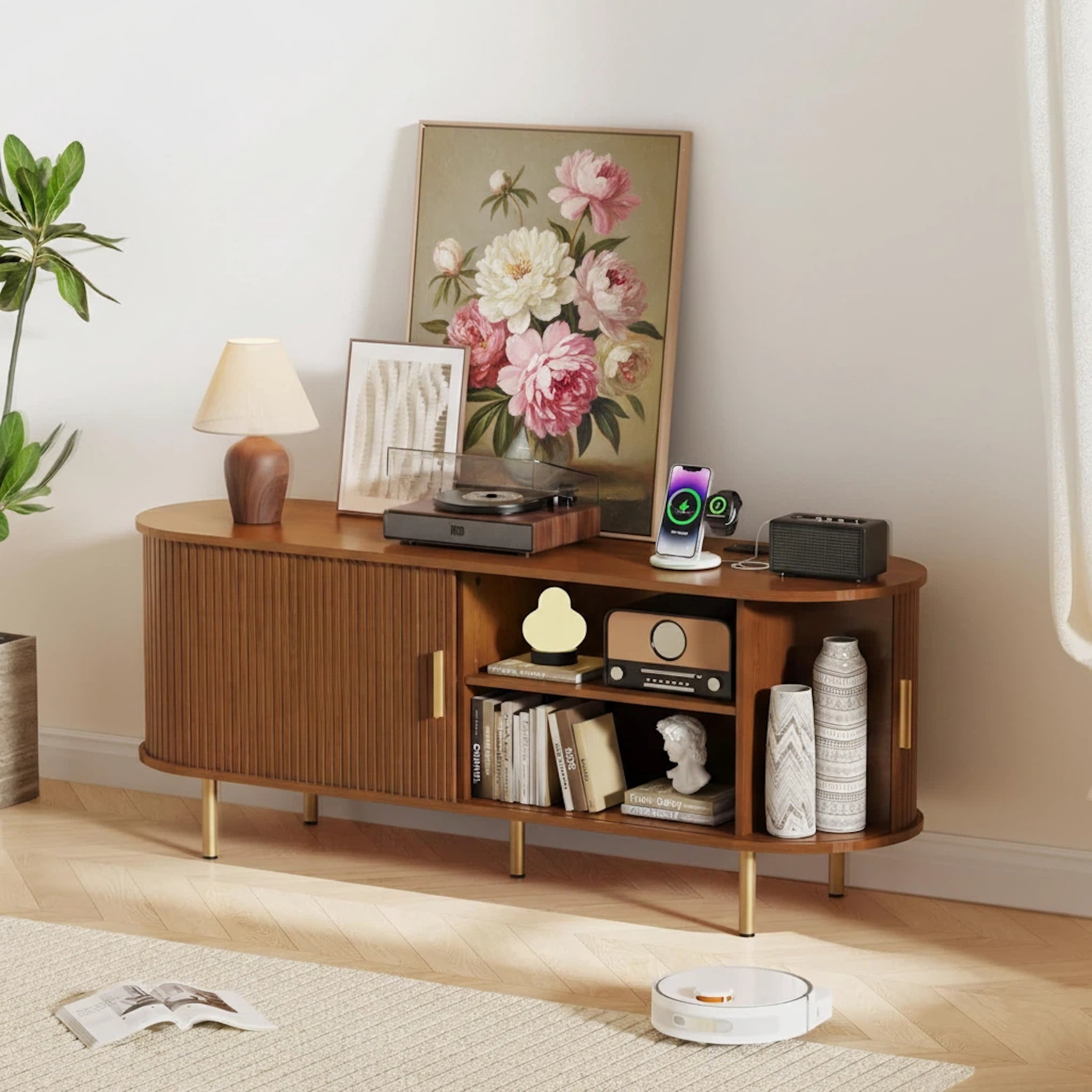 AISWORD 55 Inch TV Stand with Power Outlet for TVs up to 60 Inch, Entertainment Center with Storage and Adjustable Shelves, Media Console with Sliding Doors for Living Room, Walnut