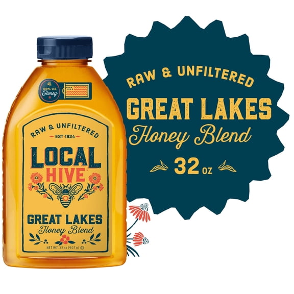 Local Hive, Raw & Unfiltered, 100% U.S Great Lakes Honey Blend, 32oz Bottle