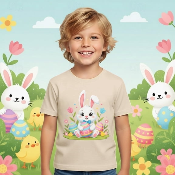 Gzbliryd Happy Easter Shirt Bunny Easter T-Shirt Funny Rabbit Graphic Printed Tee Easter Egg Funny Graphic Tee Tops for Little Boy Easter Holiday Tops Short Sleeve Tees (Beige,6-7 Years)