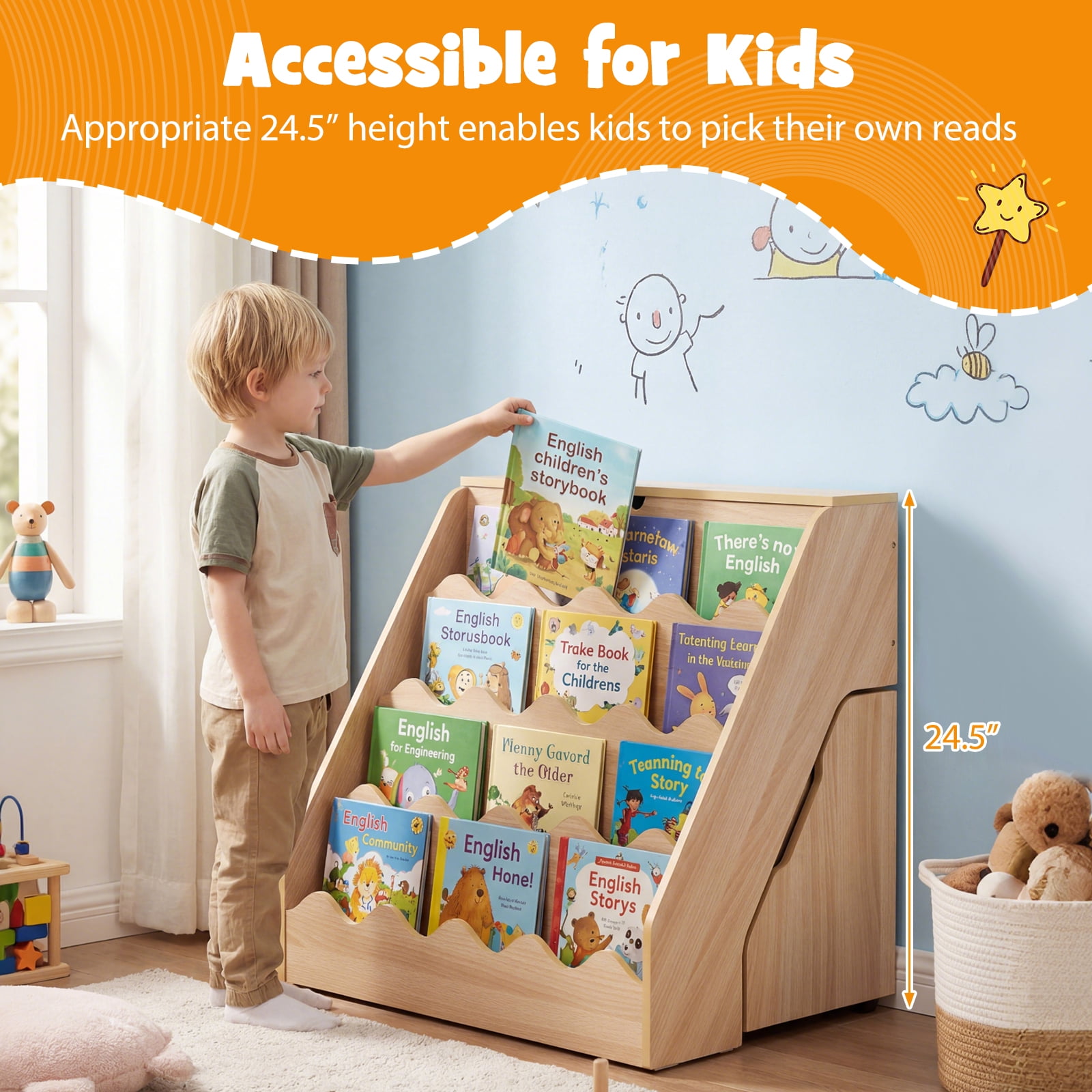 Costway Kids’ Bookshelf & Toy Storage Organizer with Rolling Drawer Cart, 4 Tier Book Shelf Natural