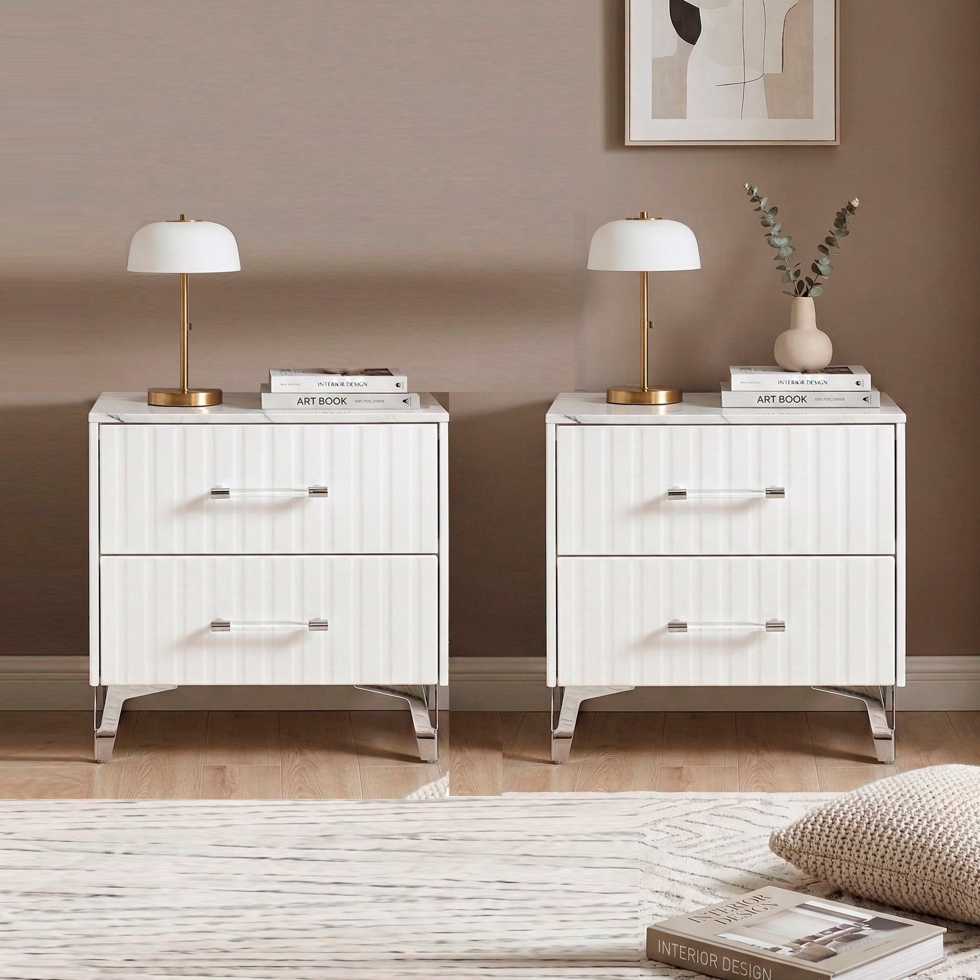 Glam White 2-Drawer Nightstand Set of 2, Faux Marble Top with Chrome Legs & Acrylic Accents, Bedroom Storage, 23.5"x17.5"x23"H