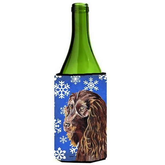 Boykin Spaniel Blue Snowflake Winter Wine bottle sleeve Hugger - 24 oz.