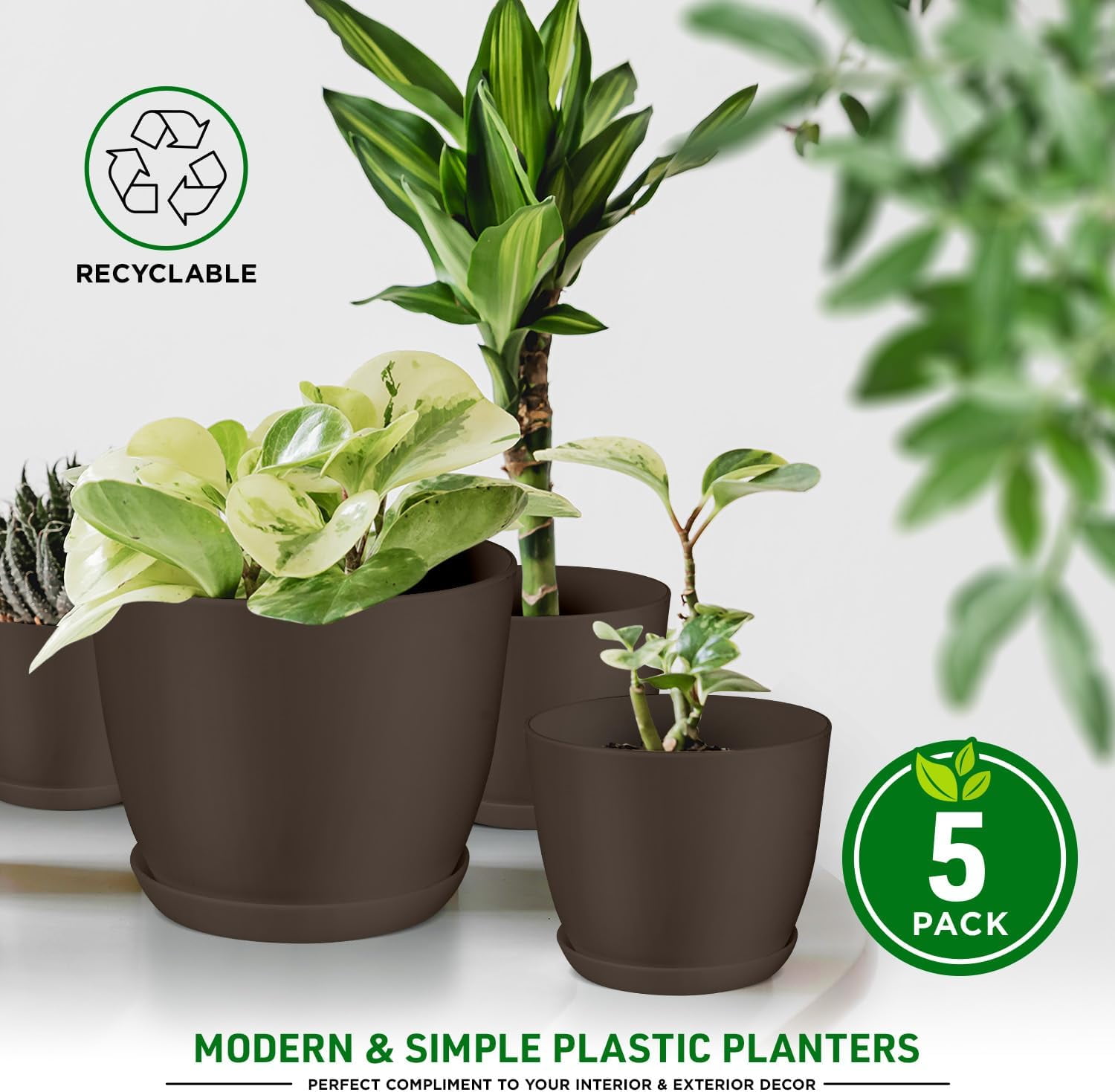 Lifemaster 5-Piece Brown Planter Pots with Drainage - Lightweight, Durable, Space-Saving Design for Indoor/Outdoor Use