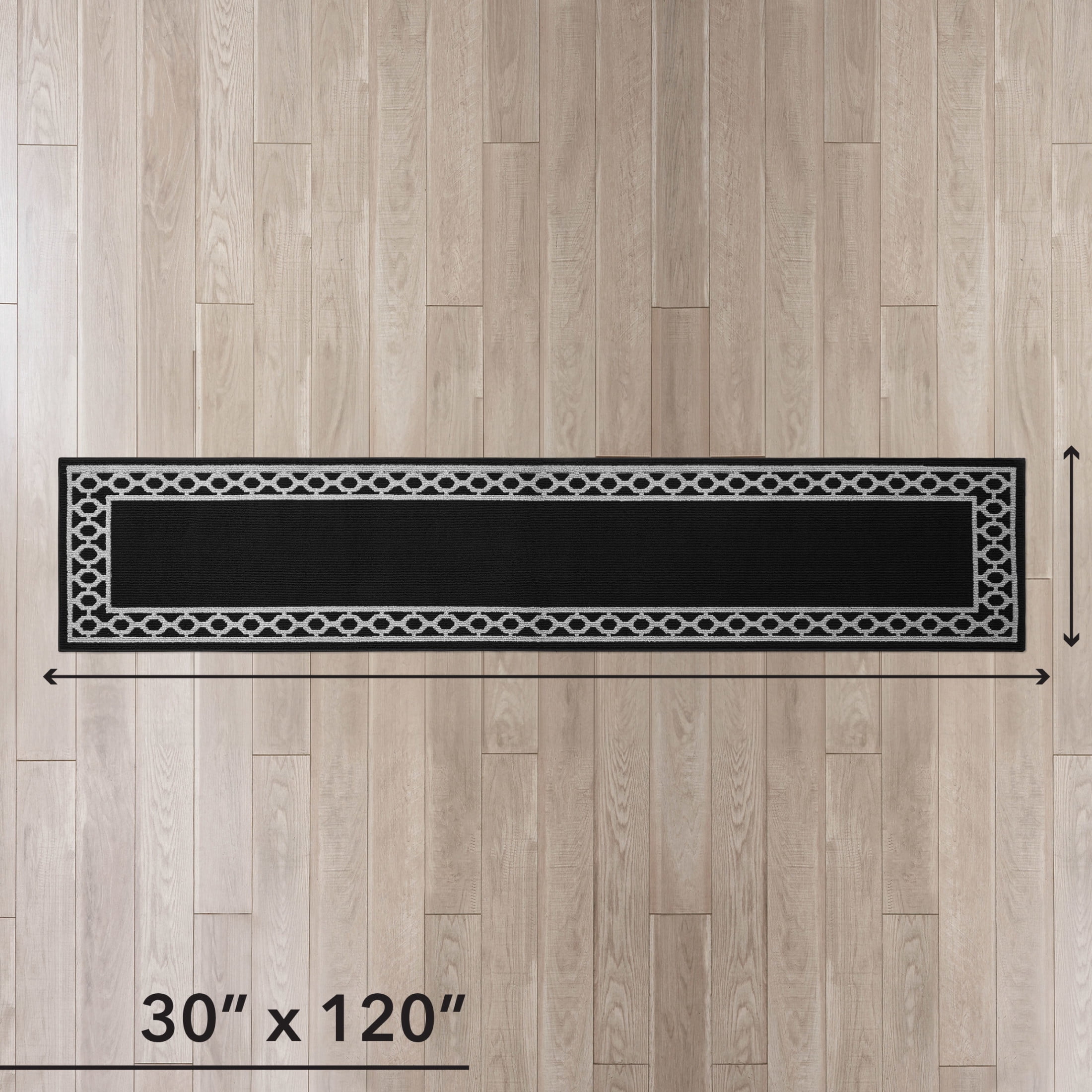Washable Skid-Resistant Runner Rug, Trellis Border , Black and Twisted Grey , 30 " x 120"