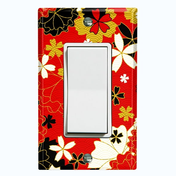 Metal Light Switch Plate Cover Japanese Flower Pattern Red Wallpaper FLW036