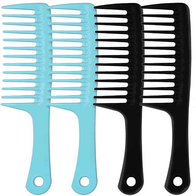 OPALESQUE 4PCS Wide Tooth Detangling Comb, Large Hair Styling Comb for Curly, Wet, Long Hair (blue/black, Polypropylene, Handgrip)