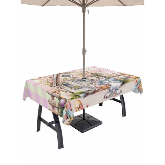 Easter Bunny Outdoor Tablecloth - 60x102 Inch Rectangle Dining Table Cover, Colorful Eggs Spring Flowers Pastoral Pink Plaid Waterproof Outdoor Table Cloth with Umbrella Hole & Zipper for Patio