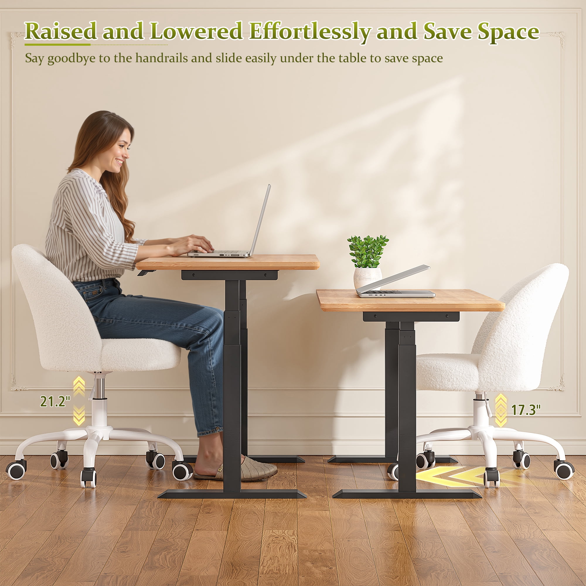 Romorgniz Vanity Chair Height Adjustable Desk Chair with Wheels, Armless Office Chair with Soft Lumbar Support for Small Space, Bedroom, Home office, White