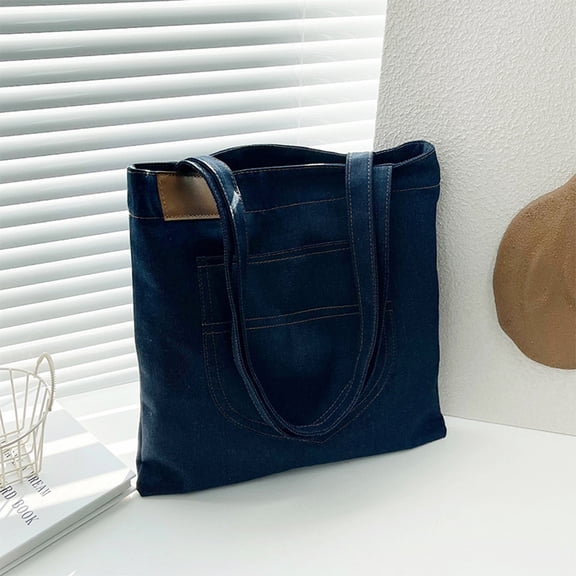Denim Tote Bag, Large Shoulder Shopping & Travel Bag with Pockets, Reusable Canvas Tote